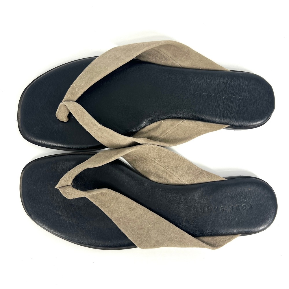 Yosi Samra Giselle Black Leather Taupe Suede Flat Thong Flip Flop Sandals 10